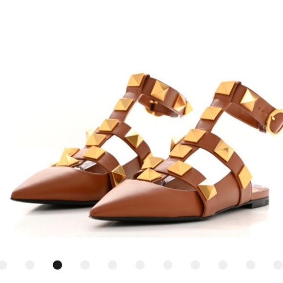 Valentino Garavani Roman stud ankle strap flat mule in gorgeous caramel color